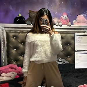 fluffy white off the shoulder sweater